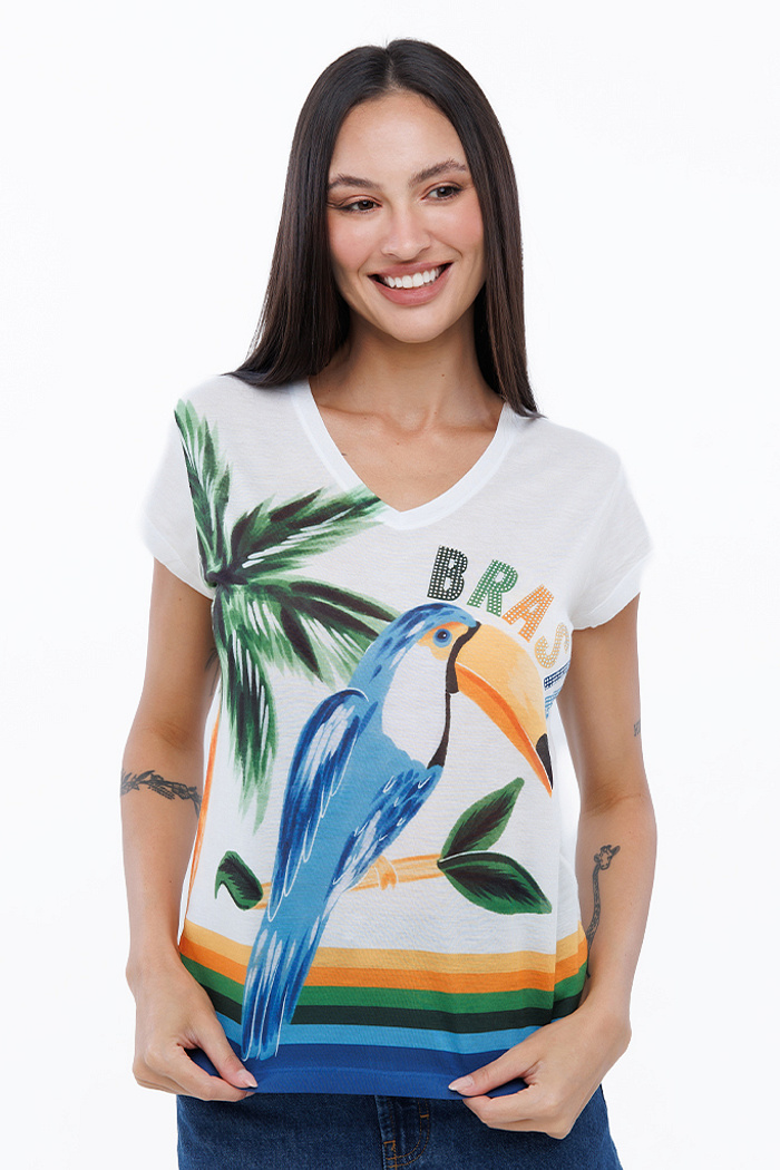 Blusa Feminina Strass Estampada Elementos Br Aquarela