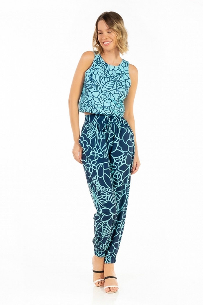 Calça Jogger Com Bolso Tucano, Flores Linhas Azuis