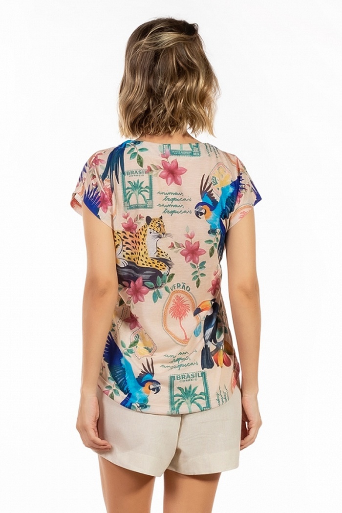 Blusa Jasmim Bichos Flores Verão Postal