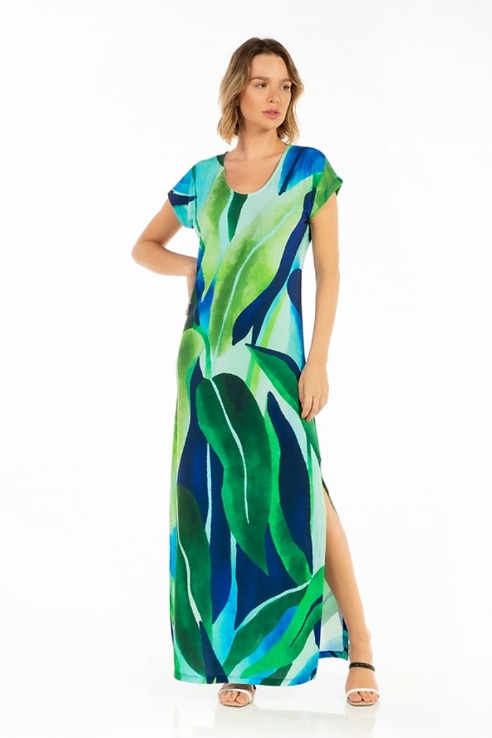 Vestido Longo Jeri Folhagens Verdes e Azuis