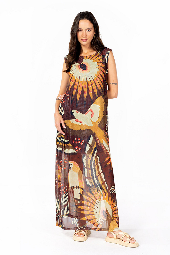 Vestido Estampado Tule Maré Arara Marrom