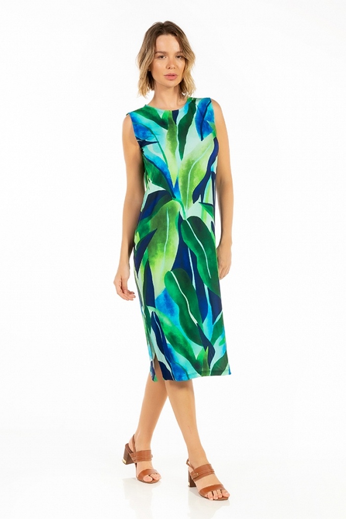 Vestido Estampado Clássico Midi Folhagens Verde e Azuis