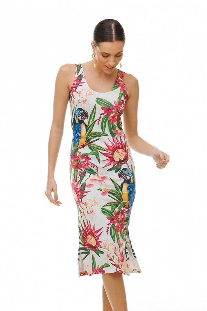 Vestido Canelado Midi Canindé com Flores Pink