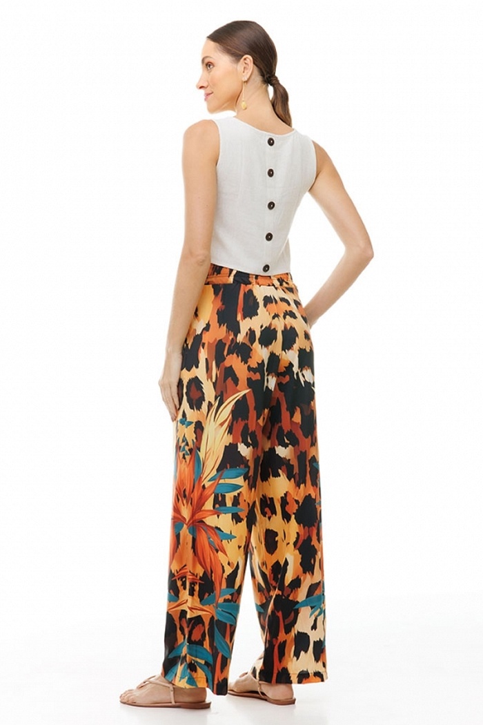 Calça Ampla Atena Rosto Onça Folhagem Sépia