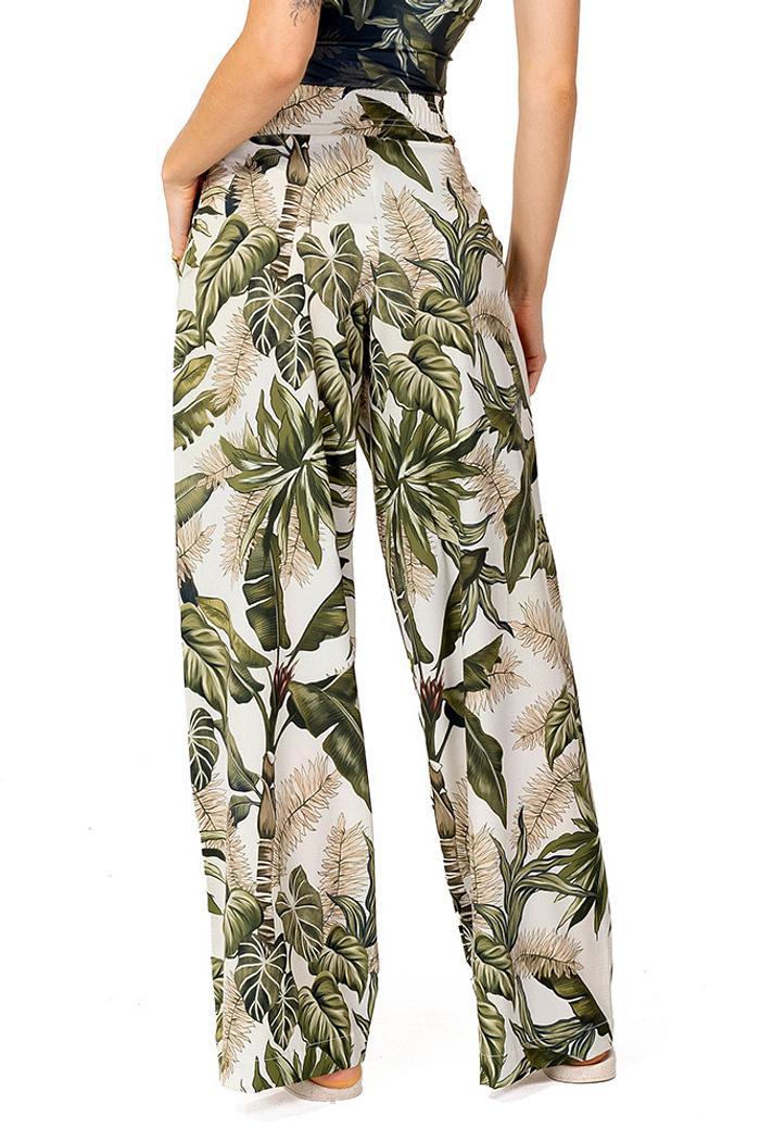 Calça Ampla Folhagens Linho Off