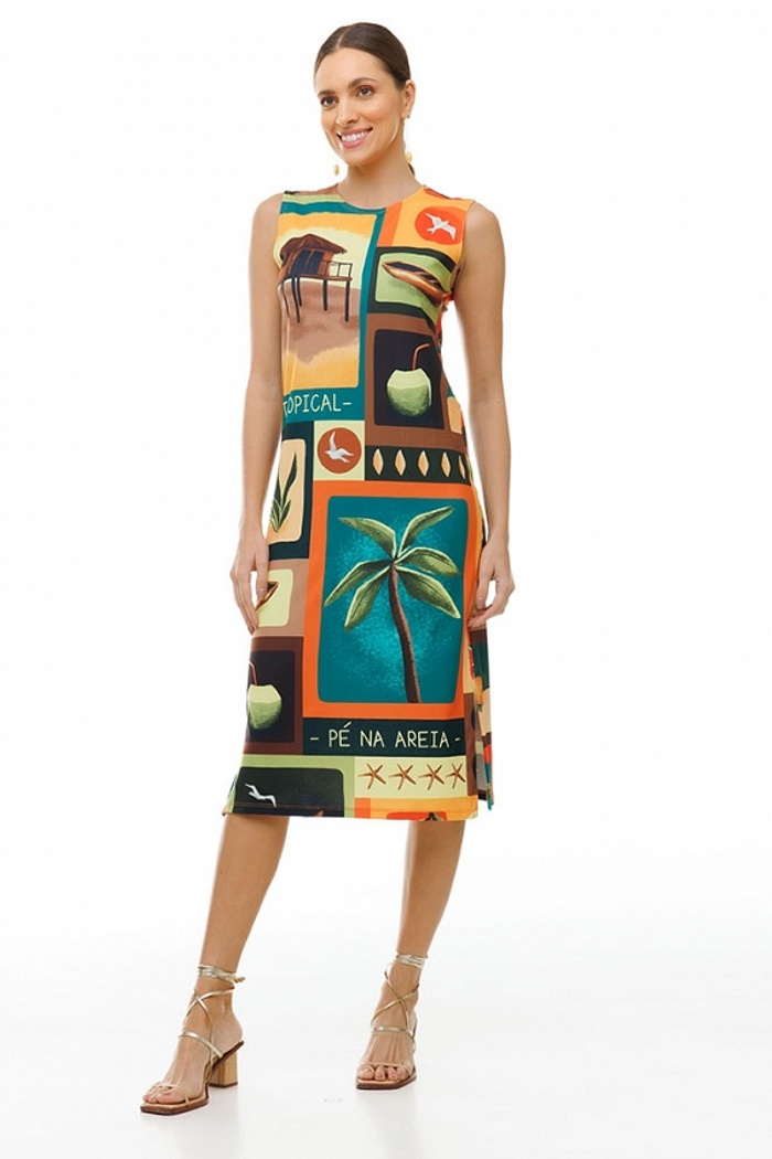 Vestido Estampado Clássico Midi Elementos Praia Terracota
