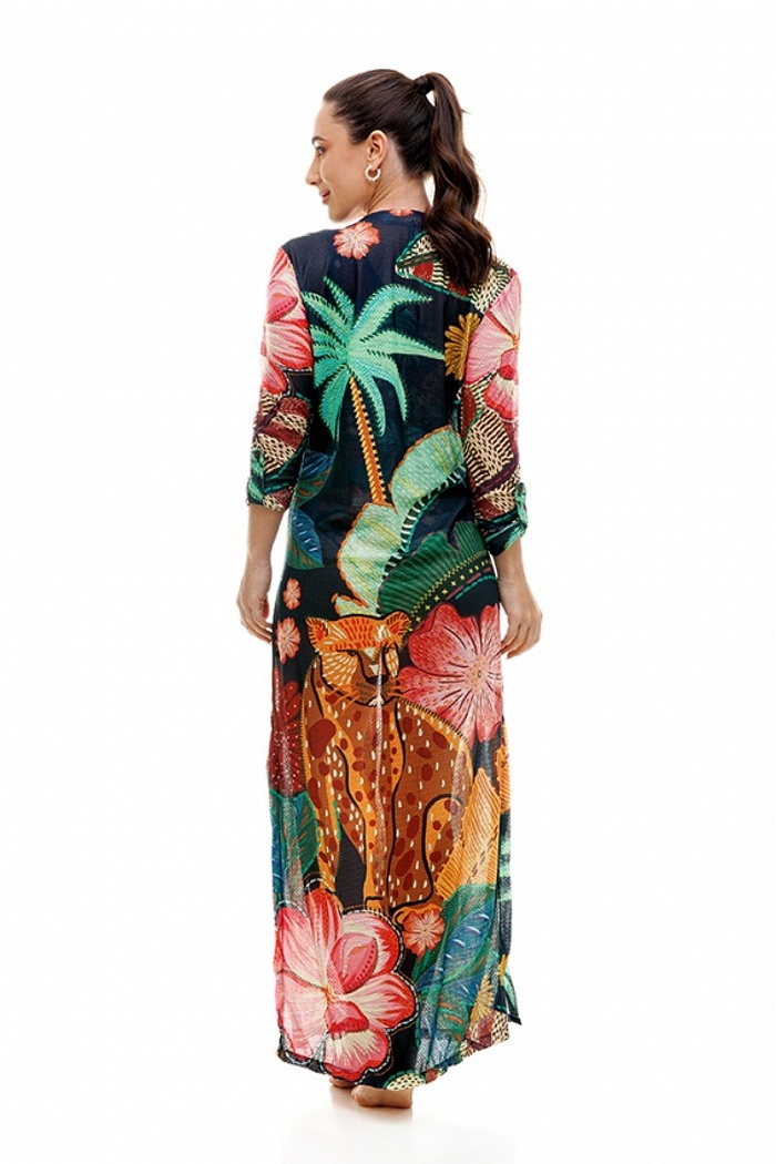 Saída de Praia Trancoso Onça Folhas Tropicais Fundo Escuro