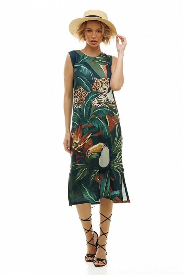 Vestido Estampado Clássico Midi Flor, Folhagem e Tucano