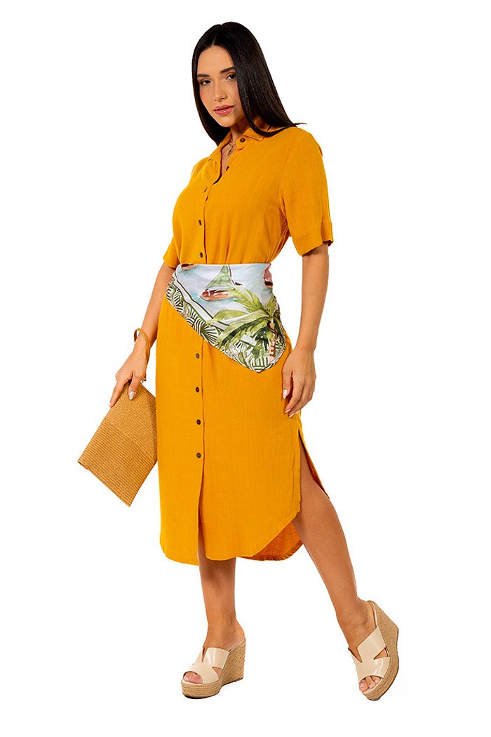 Chemise Vestido Linho Midi Mostarda