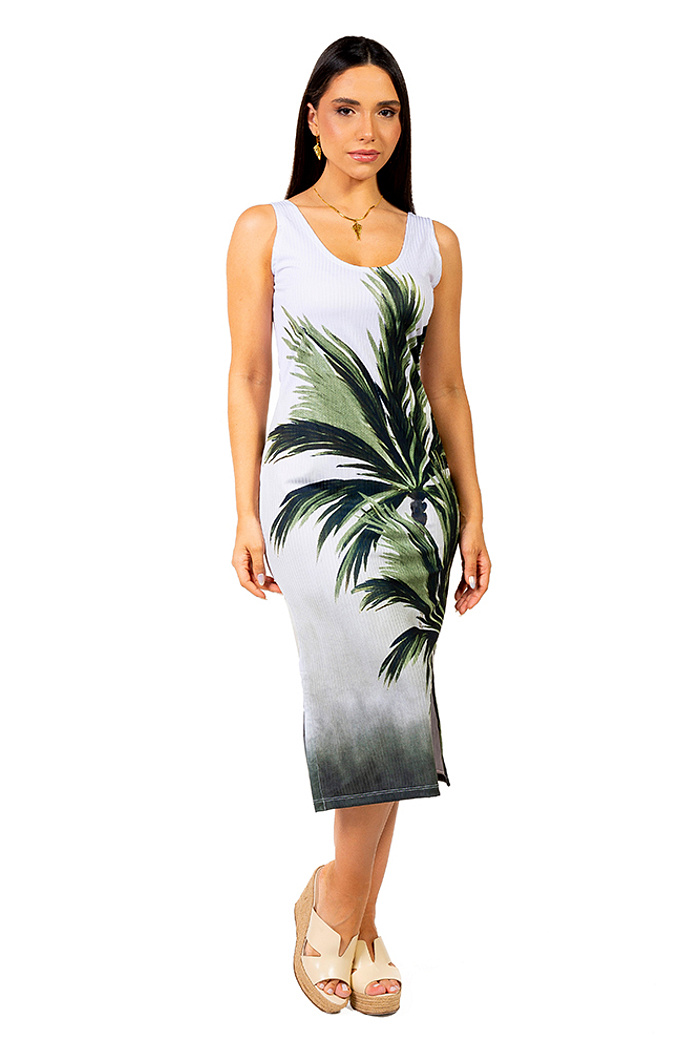 Vestido Estampado Canelado Midi Palmeiras
