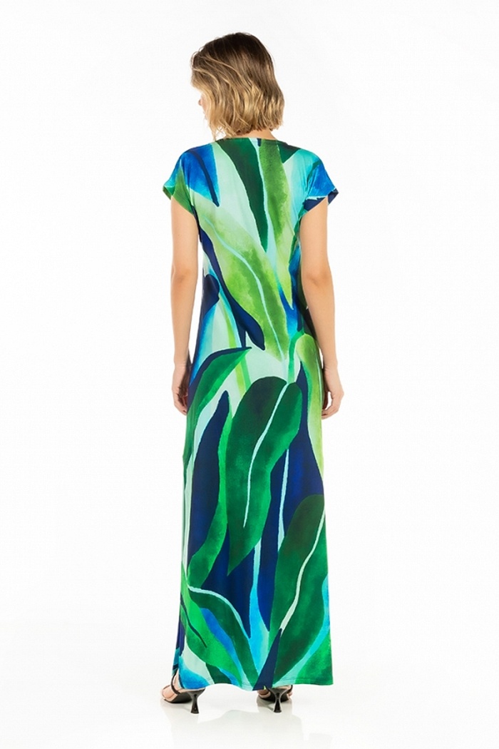 Vestido Longo Jeri Folhagens Verdes e Azuis