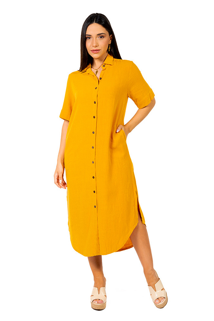 Chemise Vestido Linho Midi Mostarda