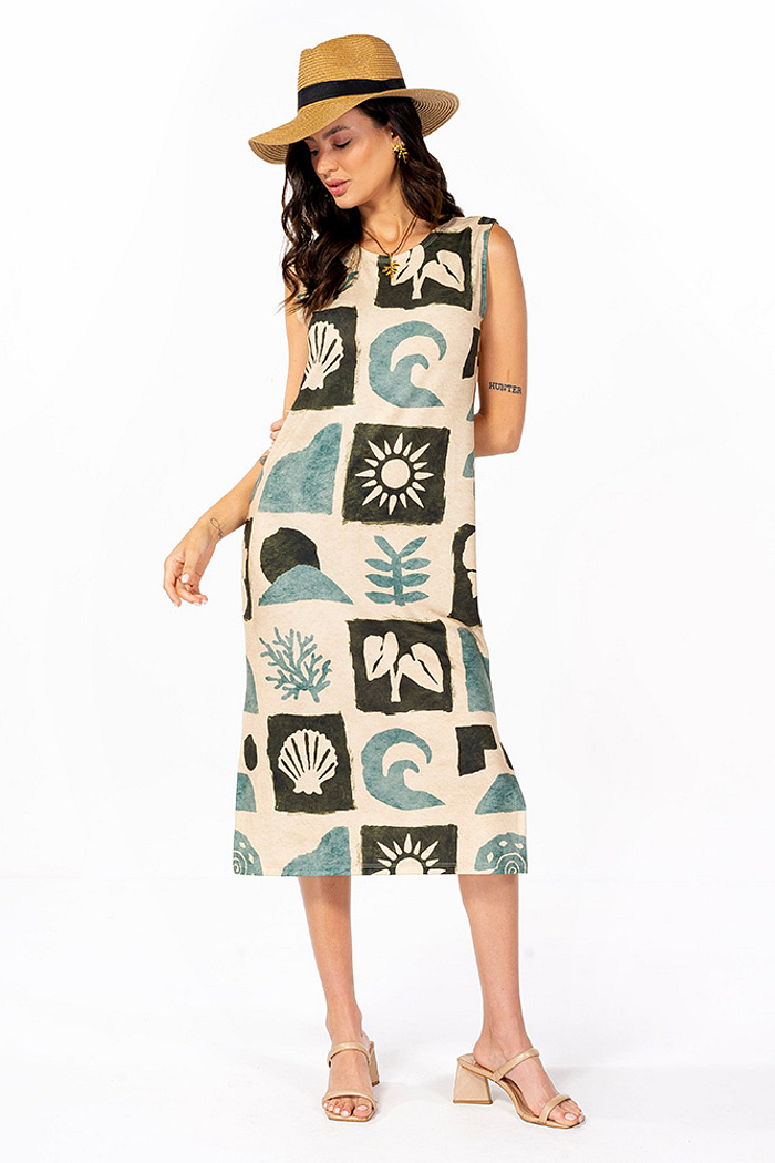 Vestido Estampado Clássico Midi Oceano