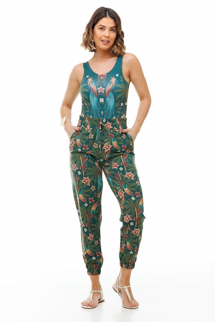 Calça Jogger com Bolso Pássaros e Flores Fundo Verde