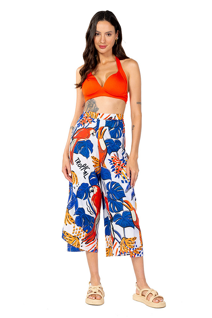 Calça Transpassada Bichos Tropical Vibes Azul