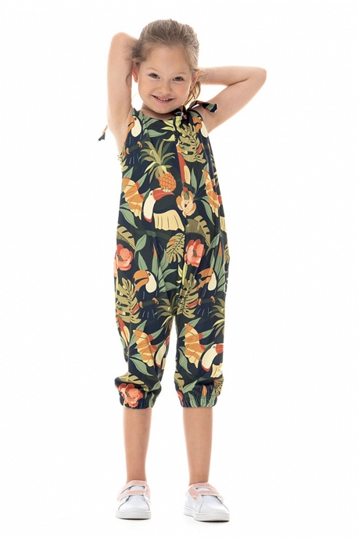 Macacão Infantil Com Bolso Pássaros Abacaxi Fundo Escuro