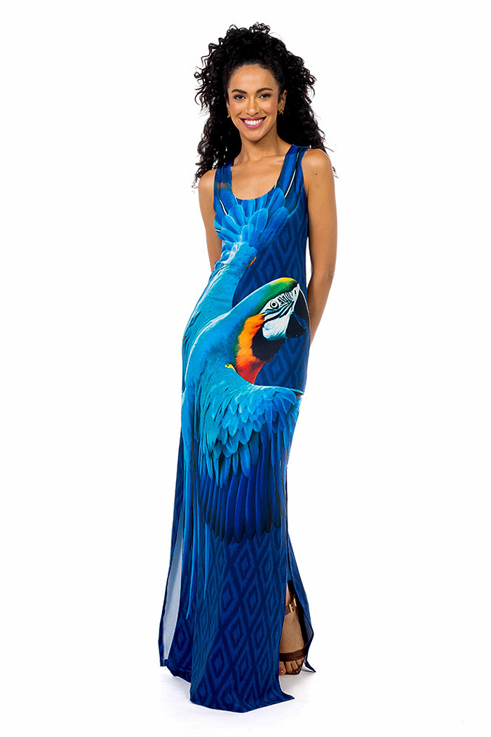 Vestido Hortencia Maxi Arara Fundo Azul
