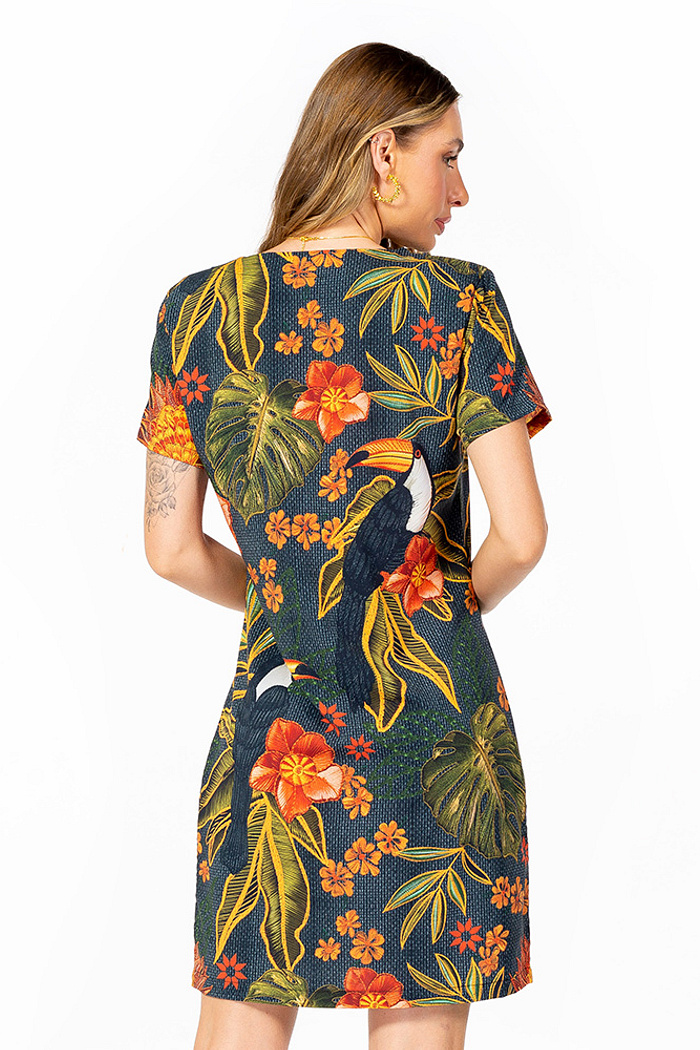 Vestido Atena Curto Tucano e Folhas