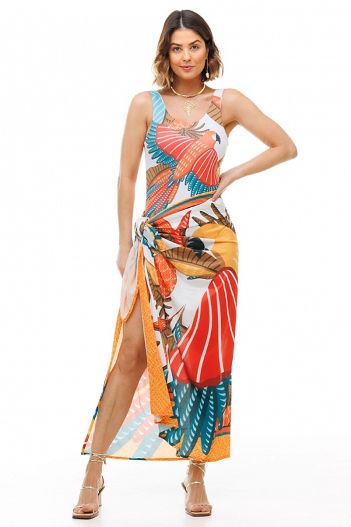 Canga Retangular Aves e Abacaxi Fundo Branco