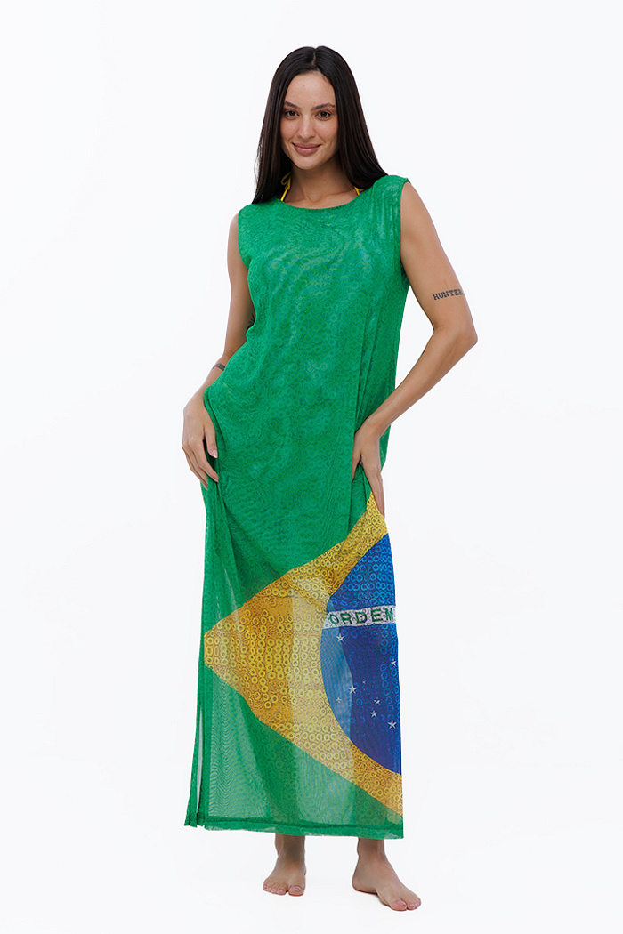 Vestido Feminino Tule Mare Estampado Bandeira Paetê