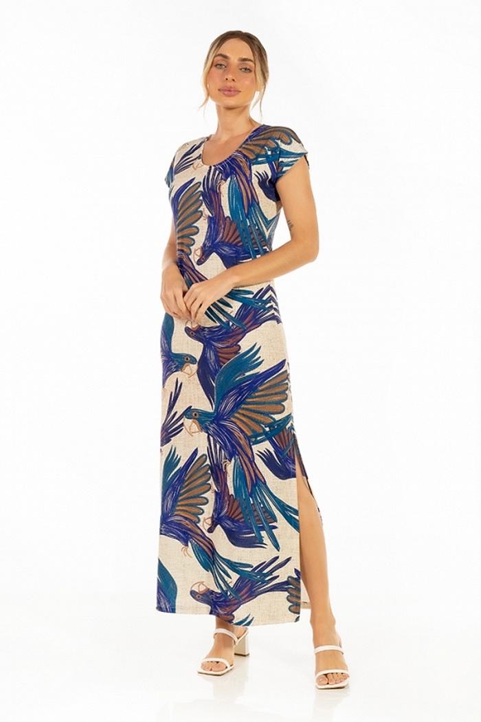 Vestido Longo Jeri Arara Roxa Bordado