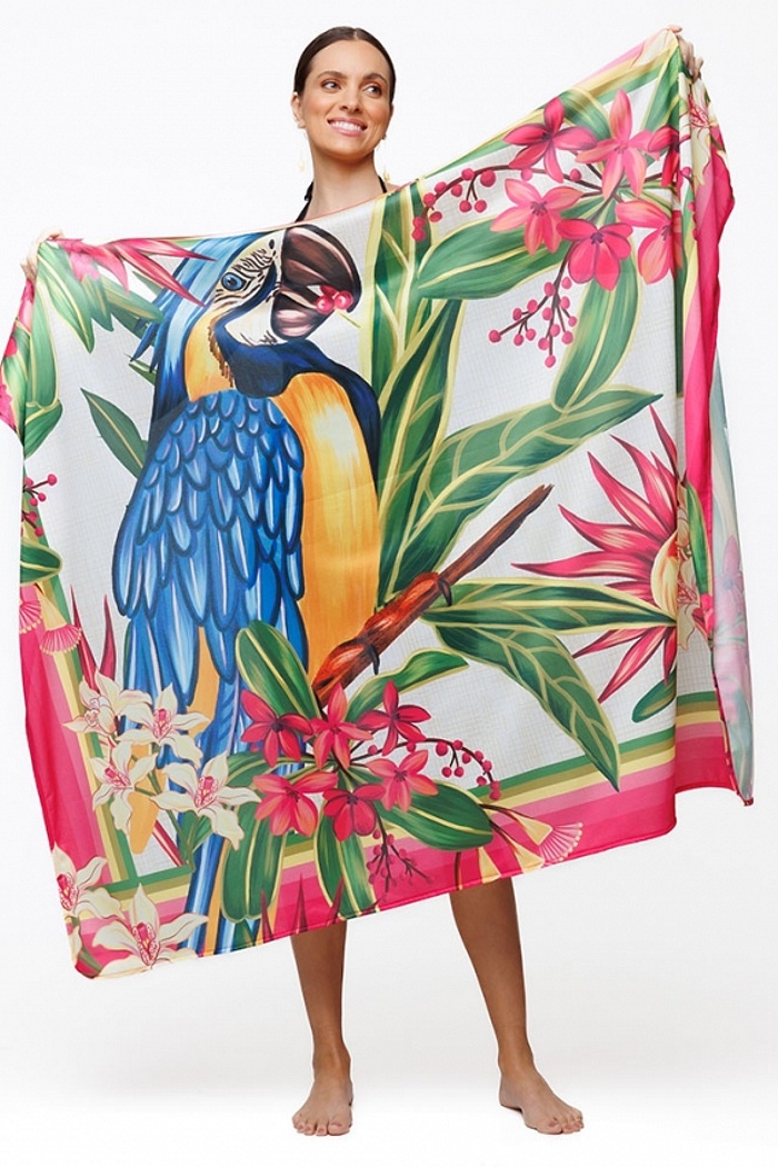 Canga Retangular Canindé com Flores Pink e Fundo Linho