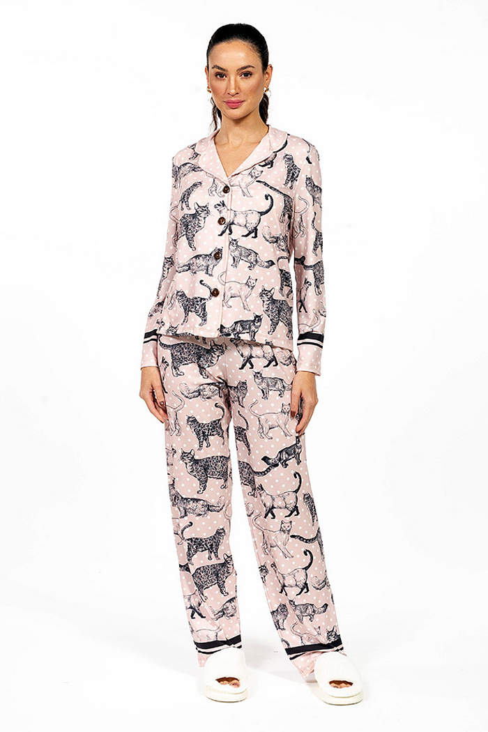 Conjunto Pijama Americano Longo Adulto Gato Traços Poa