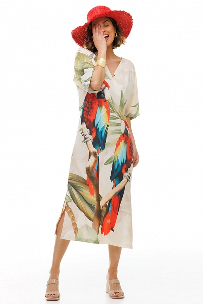 Kaftan Atena Araras Vermelhas Folhagens