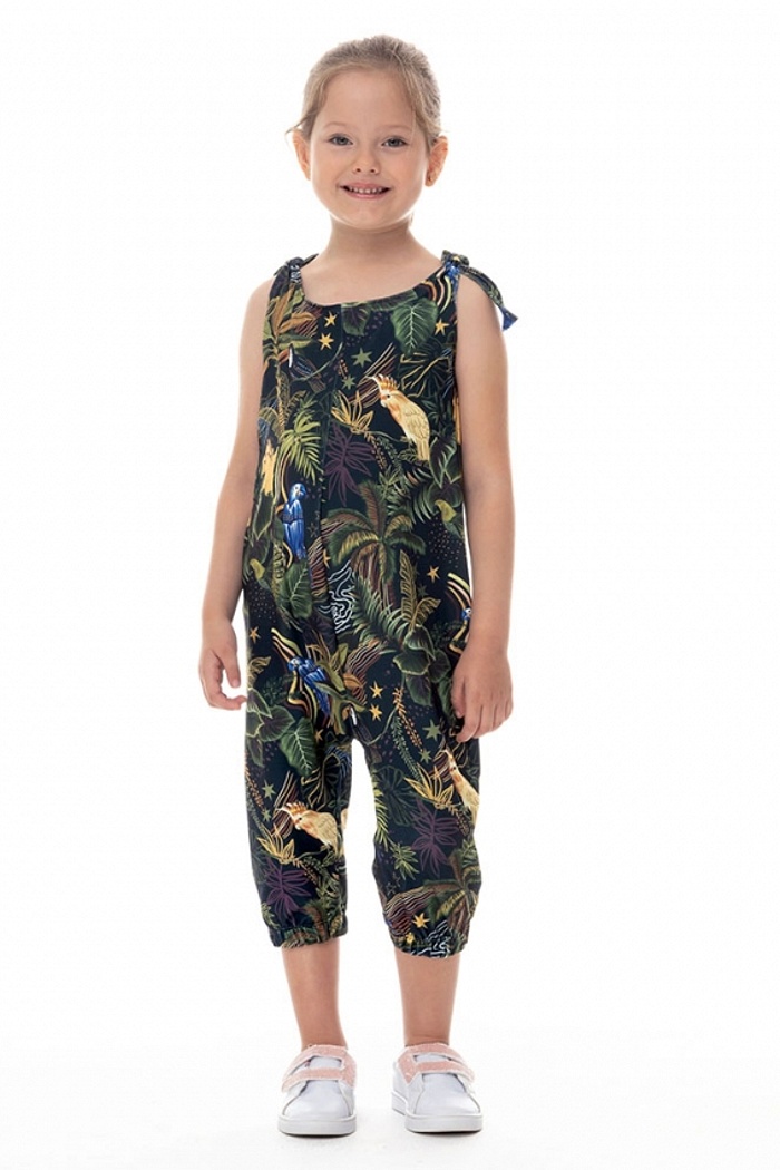 Macacão Infantil Com Bolso Aves Folhagem Fundo Escuro