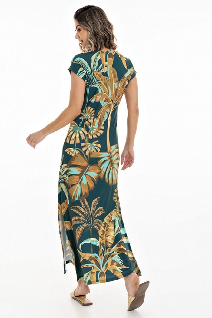 Vestido Longo Jeri Folhagens Caramelo