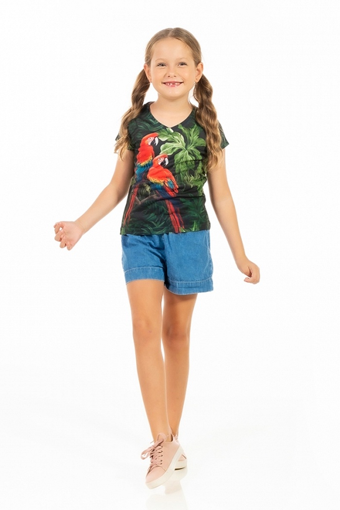 Baby Look Florata Infantil Casal Araras Fundo Folhagem