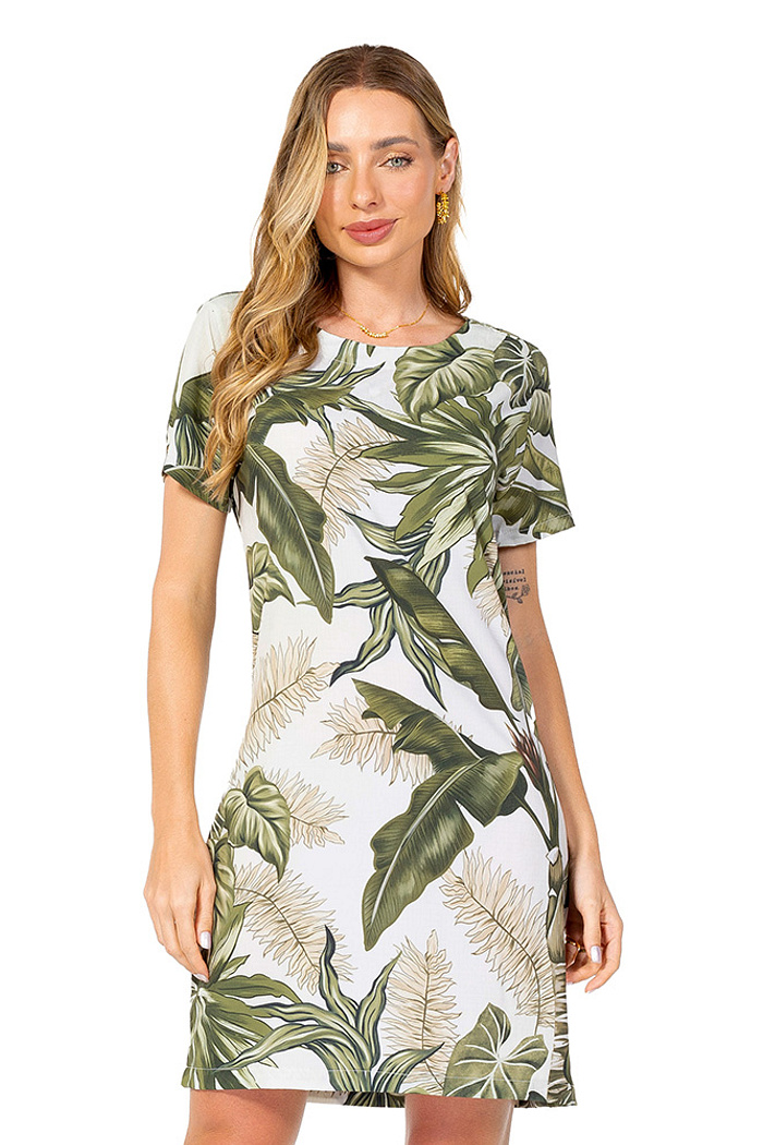 Vestido Atena Curto Folhagens Linho Off