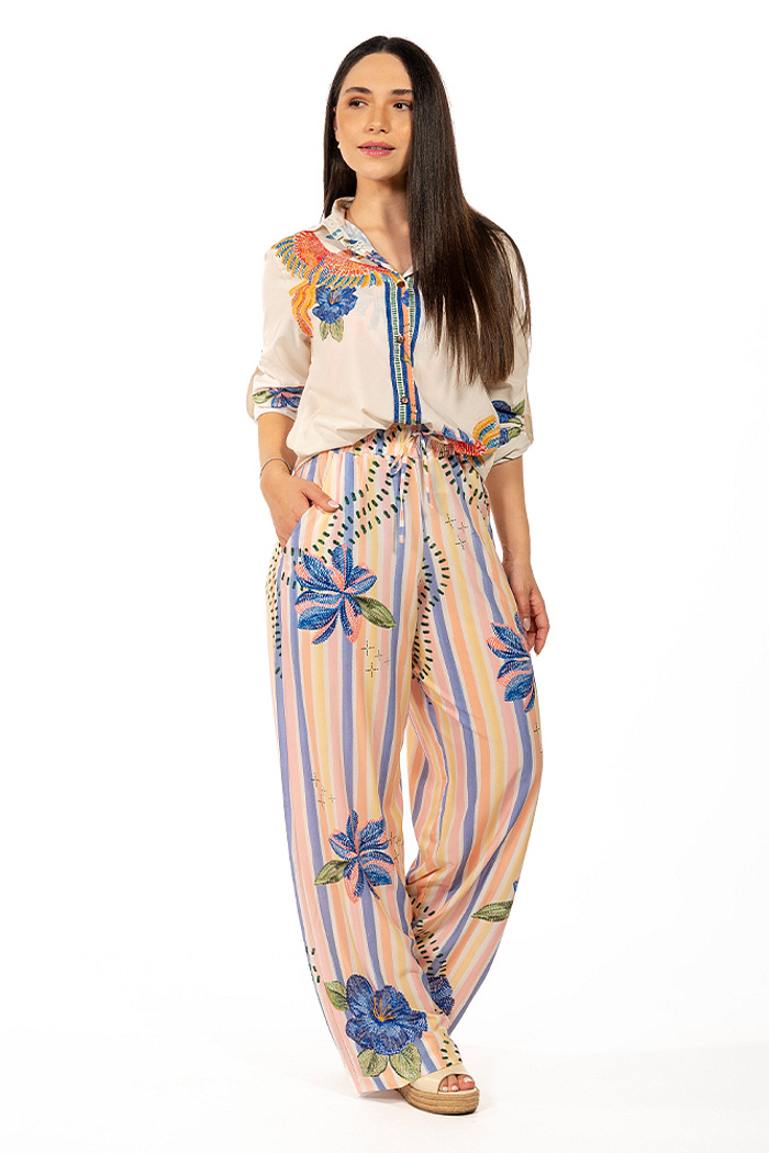 Calça Ampla Atena Passaros e Flores Bordados