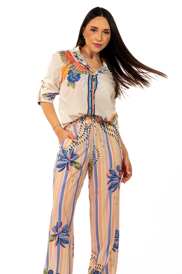Calça Ampla Atena Passaros e Flores Bordados