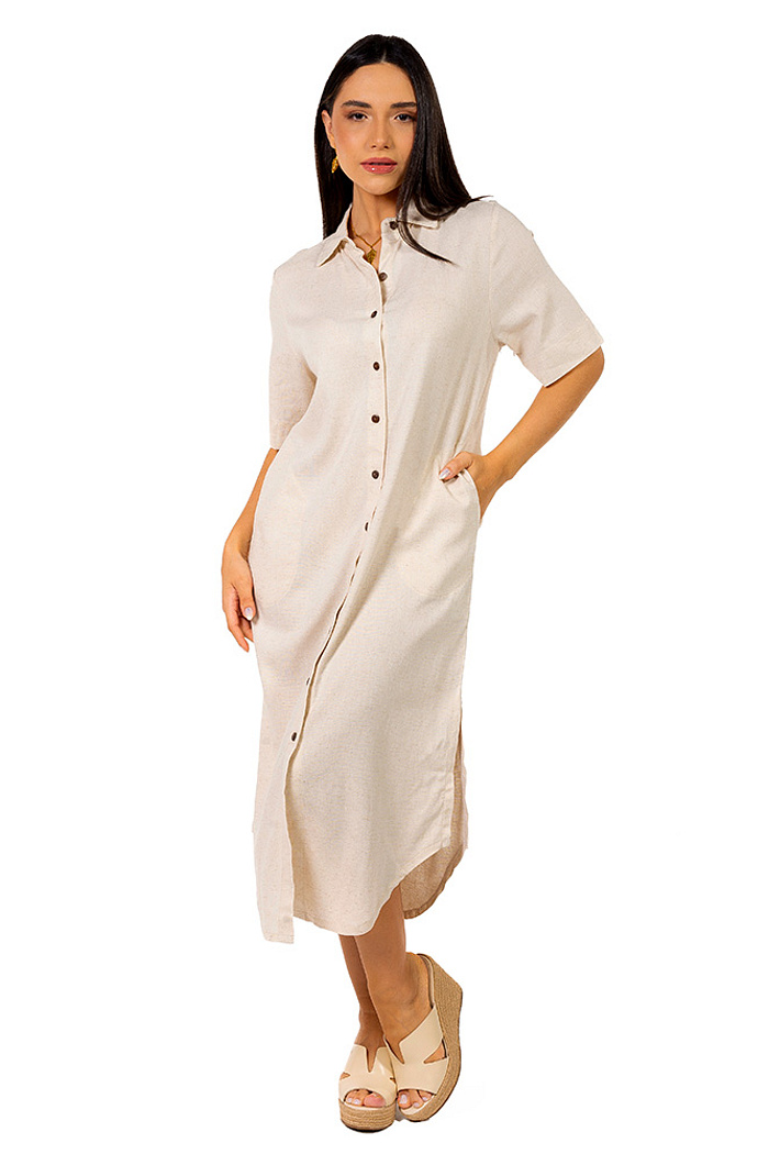Chemise Vestido Linho Midi Natural