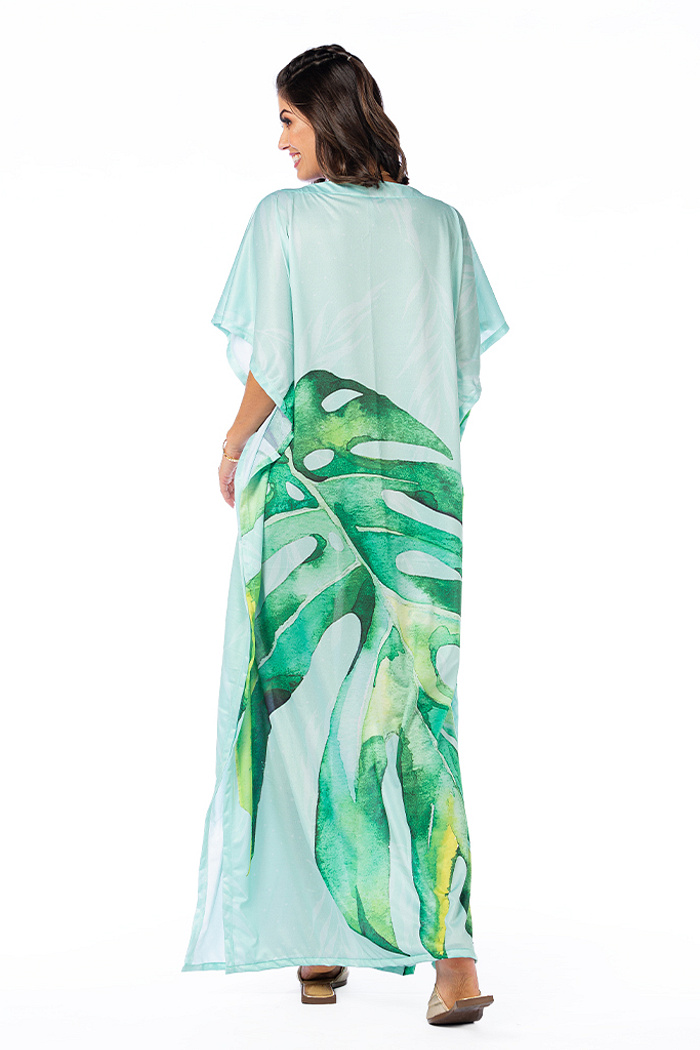 Vestido Feminino Kaftan Hibisco Estampado Arara Vermelha em Pintura