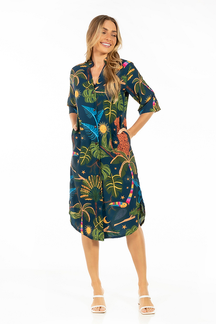 Chemise Atena Gola Padre Onça Tucano Folhagens Céu