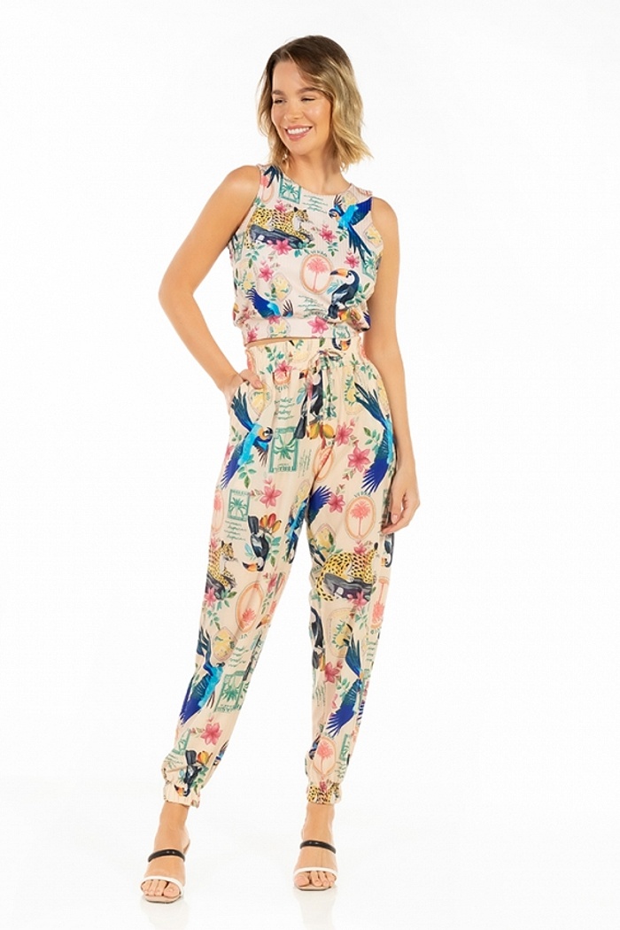 Calça Jogger Com Bolso Bichos , flores Verão Postal