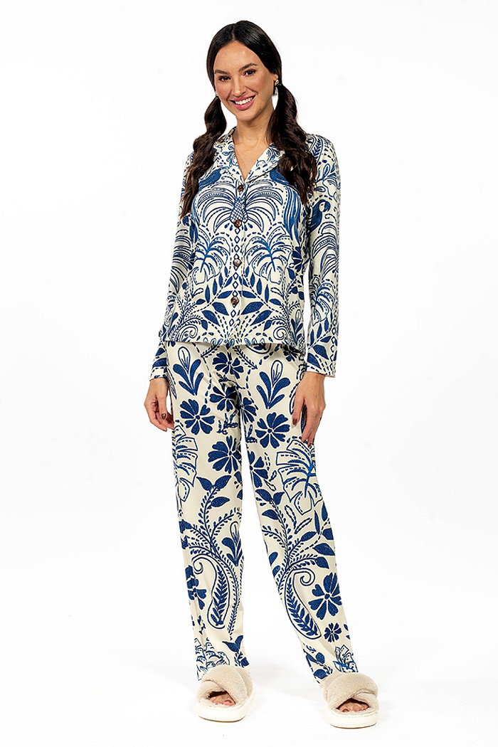 Conjunto Pijama Americano Longo Adulto Araras Bordado Fundo Off