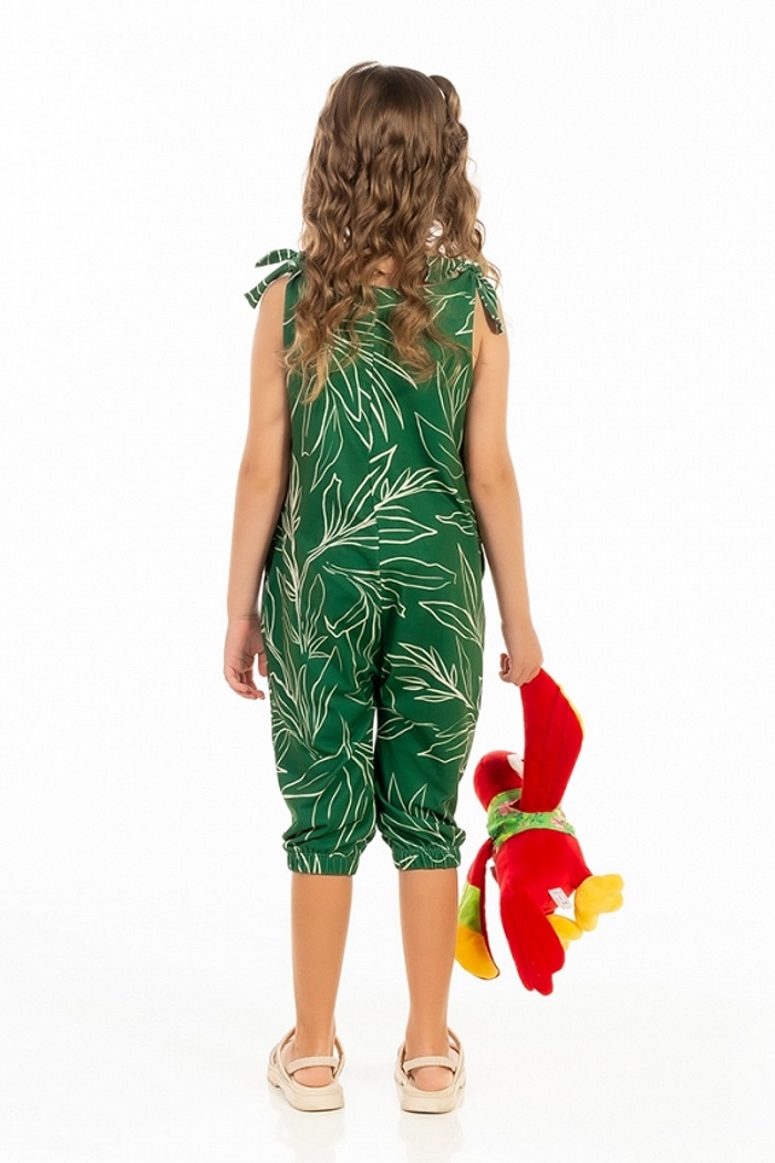 Macacão Infantil Com Bolso Folhagem Off Fundo Verde