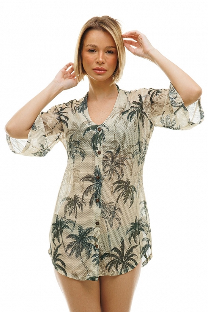 Saída de Praia Curta Chemise Rapport Coqueiros Fundo Off White