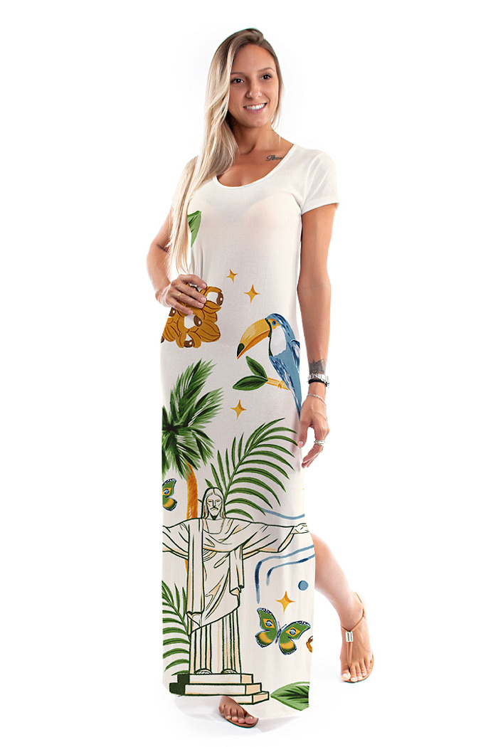 Vestido Feminino Jeri Longo New Estampado Elementos Br Aquarela