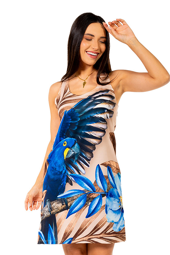 Vestido Flora Arara Tons Azul e Marrom