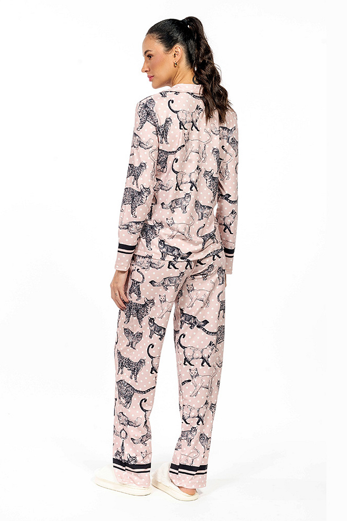 Conjunto Pijama Americano Longo Adulto Gato Traços Poa