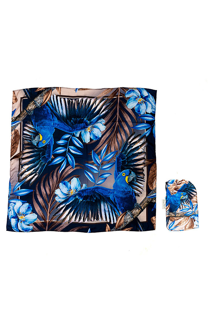 Lenço Quadrado Arara Tons Azul e Marrom