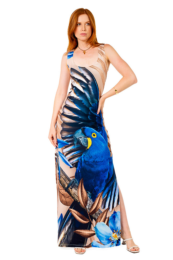 Vestido Hortencia Arara Tons Azul e Marrom