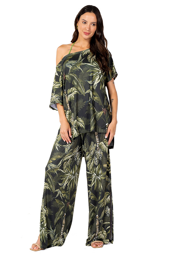 Calça com Fenda  Folhagens Linho Off