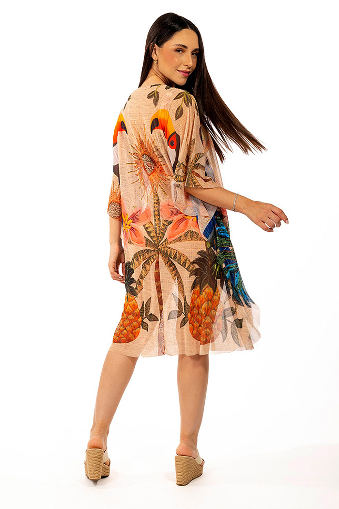 Kaftan Tule Mare Aves Tropicais Barrado
