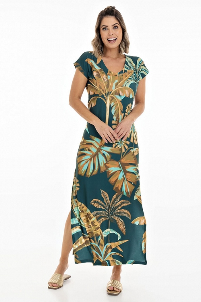 Vestido Longo Jeri Folhagens Caramelo