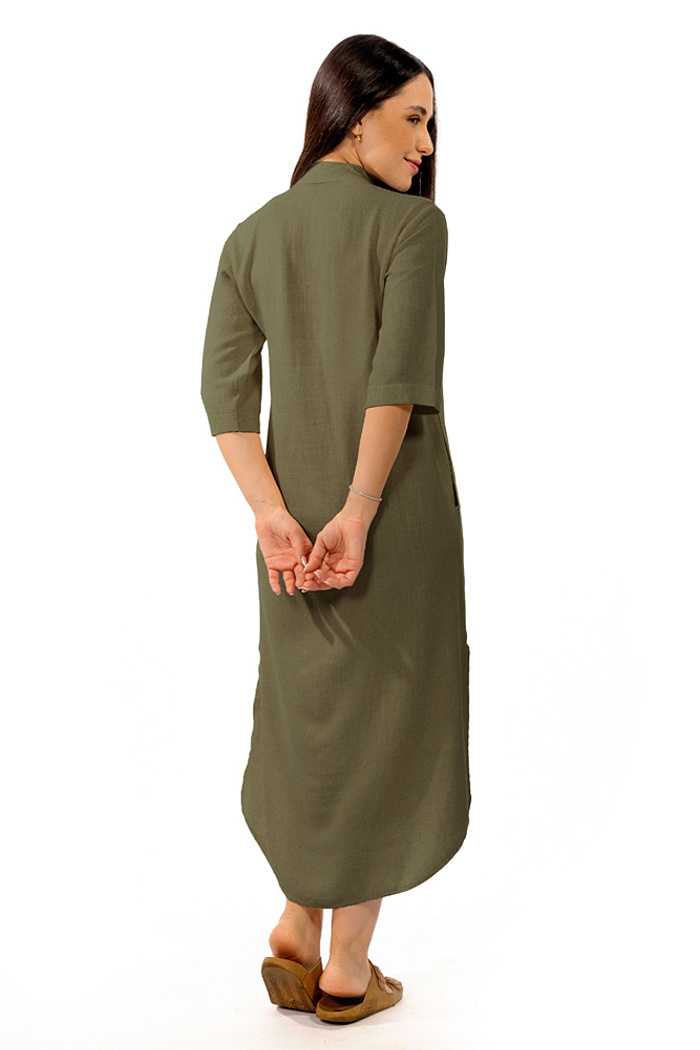 Vestido Chemise Linho Gola Padre Verde Musgo
